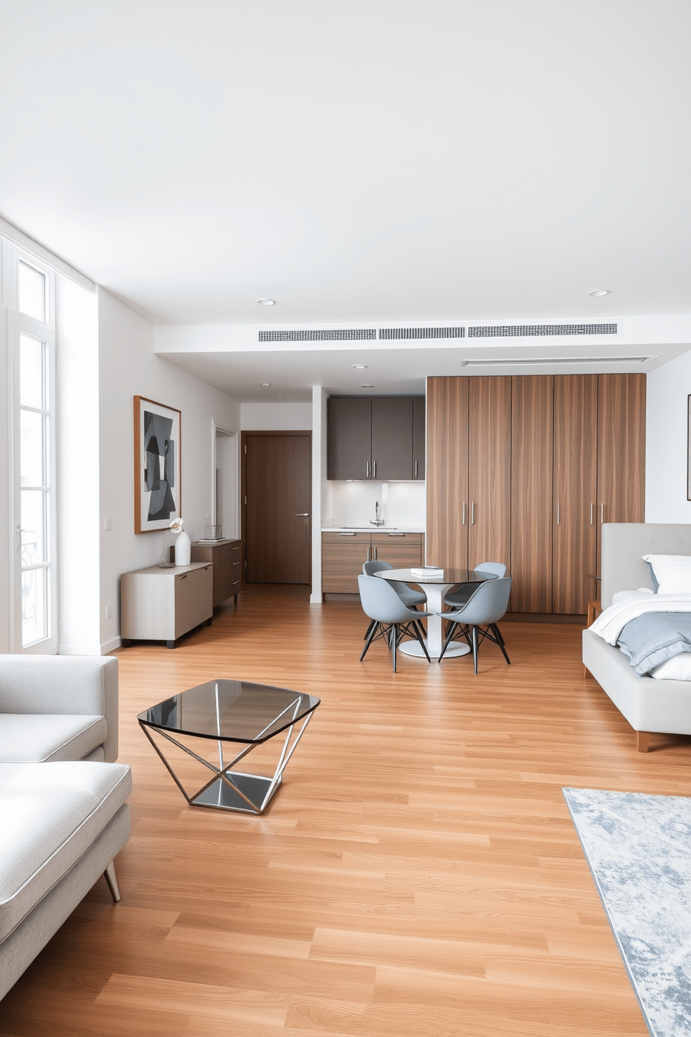 A modern European apartment featuring sleek lines and geometric patterns. The living area showcases a minimalist sofa with angular shapes and a glass coffee table with a geometric base. The walls are adorned with abstract art that complements the clean design. Large windows allow natural light to flood the space, highlighting the polished wooden floors. In the kitchen, cabinetry with straight lines and a monochromatic color scheme creates a seamless look. A stylish dining table with geometric chairs sits adjacent to the kitchen, perfect for entertaining guests. The bedroom includes a low-profile bed with a geometric headboard and soft, neutral bedding. A sleek dresser with clean lines complements the overall aesthetic, while a patterned area rug adds warmth to the space.