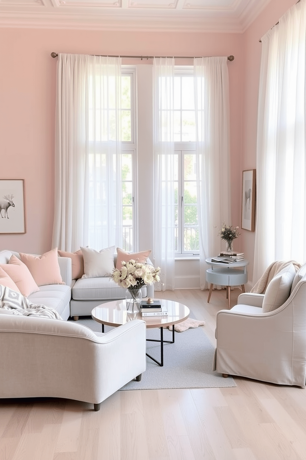 A serene living room with soft pastel hues creating a calming atmosphere. The walls are painted in a gentle blush pink, complemented by a plush light gray sofa adorned with pastel-colored cushions. A round coffee table sits in the center, topped with a delicate floral arrangement and a stack of art books. Large windows draped with sheer white curtains allow natural light to fill the space, enhancing the airy feel. In one corner, a cozy reading nook features a pastel blue armchair and a small side table with a soft throw blanket. The flooring is a light wood, adding warmth to the overall design.