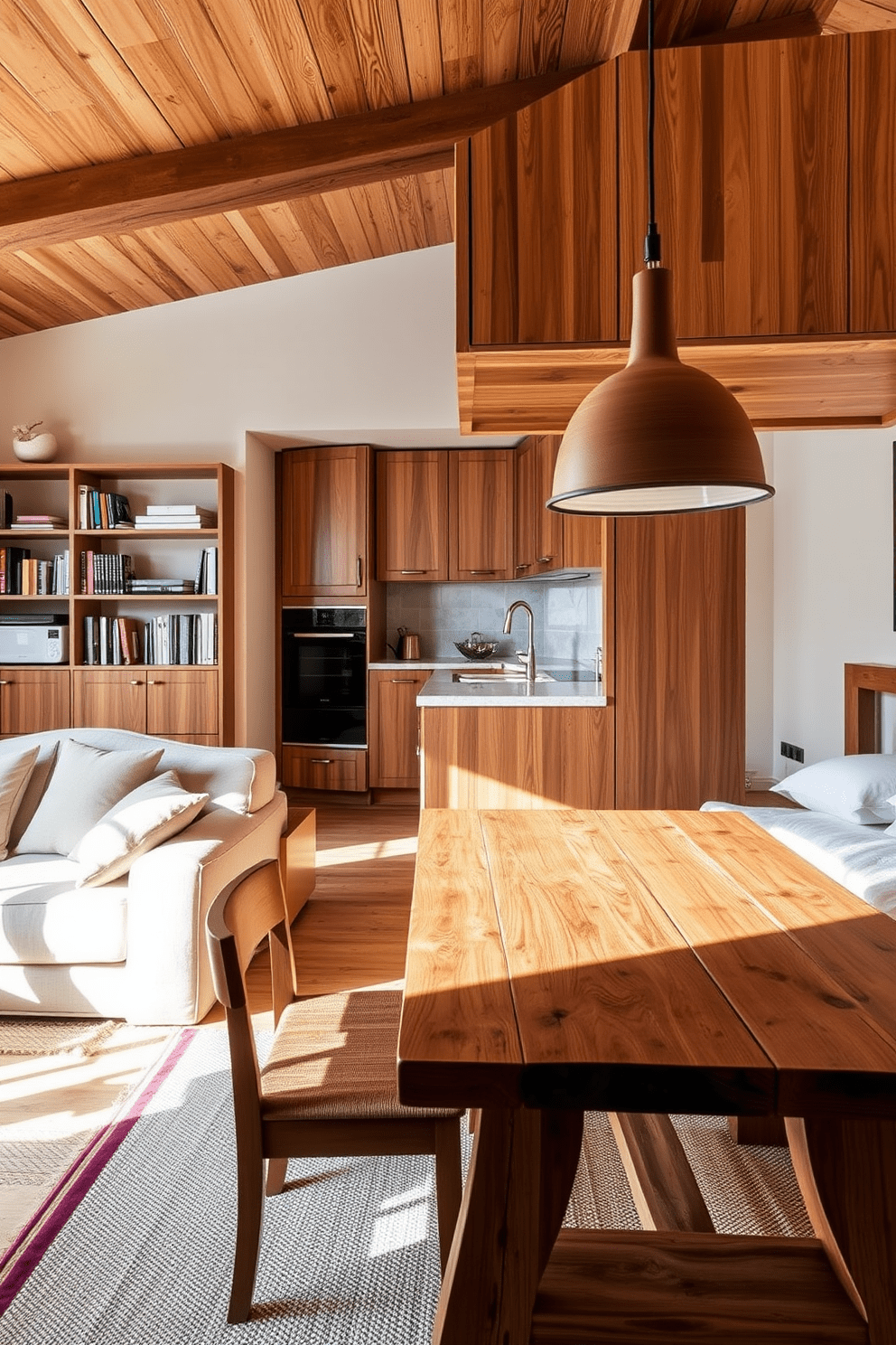 A cozy European apartment features warm wood tones throughout the space, creating an inviting atmosphere. The living area includes a plush sofa with soft textiles, complemented by wooden shelves filled with books and decorative items. In the kitchen, rich wooden cabinets are paired with a marble countertop, adding elegance to the functional space. A rustic dining table made of reclaimed wood sits beneath a stylish pendant light, perfect for gatherings. The bedroom showcases a wooden bed frame with soft linens, creating a serene retreat. Natural light filters through sheer curtains, enhancing the warmth of the wood accents in the room.