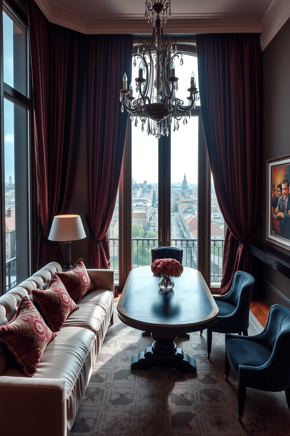 Luxurious European apartment design featuring rich velvet drapes framing large windows that overlook a bustling cityscape. The living area boasts a plush silk sofa adorned with intricate throw pillows, complemented by an ornate chandelier hanging from a high ceiling. The dining space showcases a grand wooden table surrounded by upholstered chairs in deep jewel tones. A statement piece of art hangs on the wall, adding a touch of sophistication and color to the elegant atmosphere.