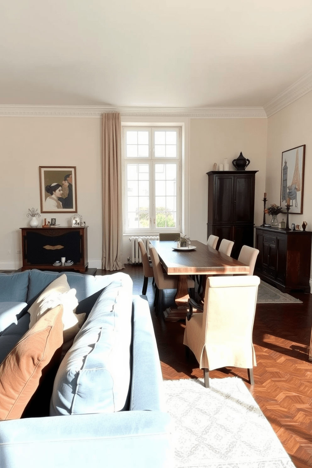 A European apartment featuring a cohesive color scheme that harmonizes soft pastels with rich earth tones. The living area showcases a plush sofa in muted blue paired with cream-colored walls and dark hardwood floors, creating a warm and inviting atmosphere. In the dining area, a rustic wooden table is surrounded by upholstered chairs in complementary shades of beige and olive green. Large windows allow natural light to flood the space, highlighting the carefully curated artwork and decorative accents that tie the color palette together.