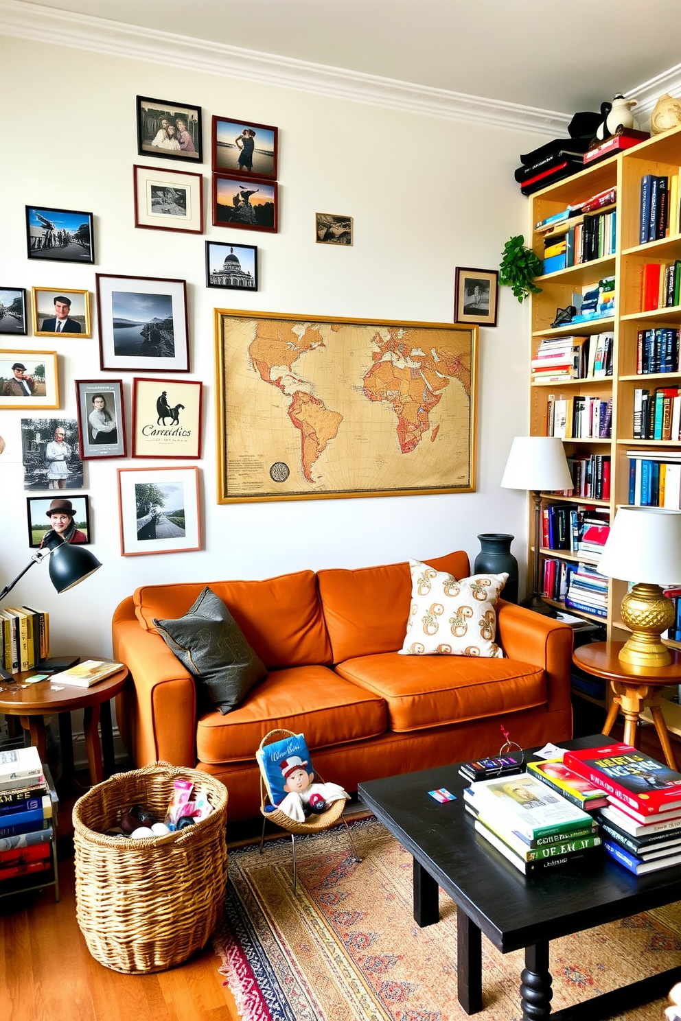 A cozy European apartment filled with personalized decor that reflects travel memories. The walls are adorned with framed photographs from various destinations, and a vintage map is displayed prominently. A plush sofa in a warm color sits in the center of the living room, surrounded by eclectic side tables collected from different countries. A woven basket holds travel souvenirs, while a bookshelf features travel guides and novels from around the world.