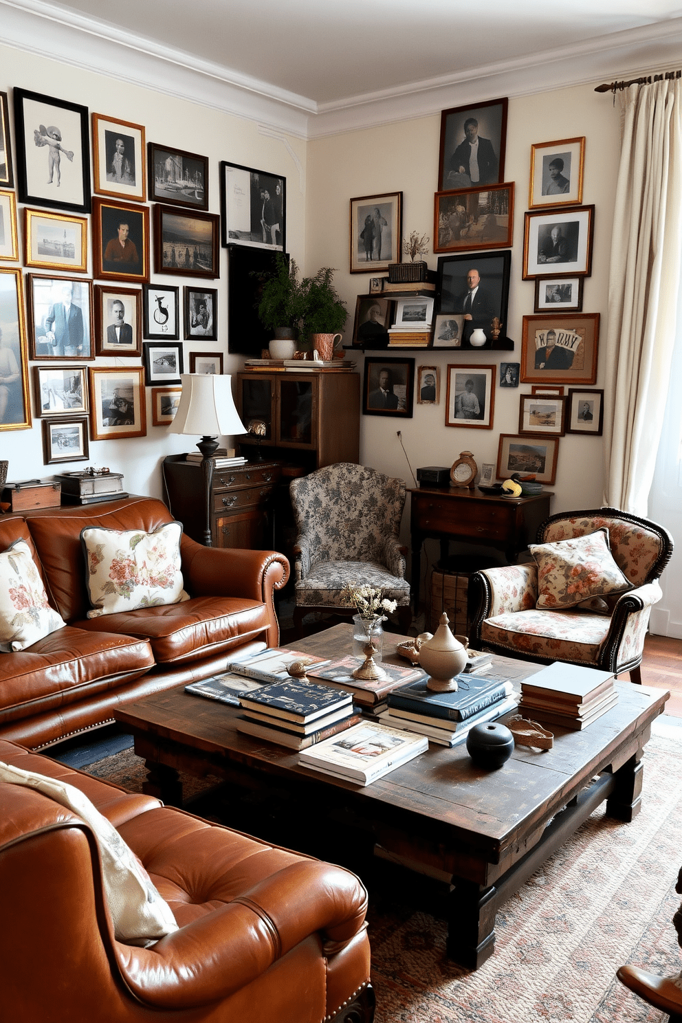 A charming European apartment filled with vintage finds and unique character. The living room features an eclectic mix of antique furniture, including a distressed leather sofa and a reclaimed wood coffee table adorned with a collection of books and decorative objects. In one corner, a vintage armchair with a floral upholstery pattern complements a retro floor lamp. The walls are adorned with a gallery of framed artwork and photographs, adding a personal touch to the space.