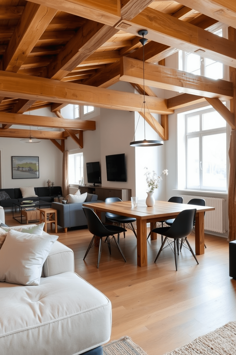 A cozy European apartment featuring rustic wood beams that contrast beautifully with sleek modern furnishings. The open living space includes a plush sofa, a minimalist coffee table, and a large window that lets in natural light, enhancing the warm wood tones. The dining area showcases a reclaimed wood table surrounded by contemporary chairs, creating an inviting atmosphere for gatherings. Soft lighting fixtures hang from the beams, adding a touch of elegance to the rustic charm.