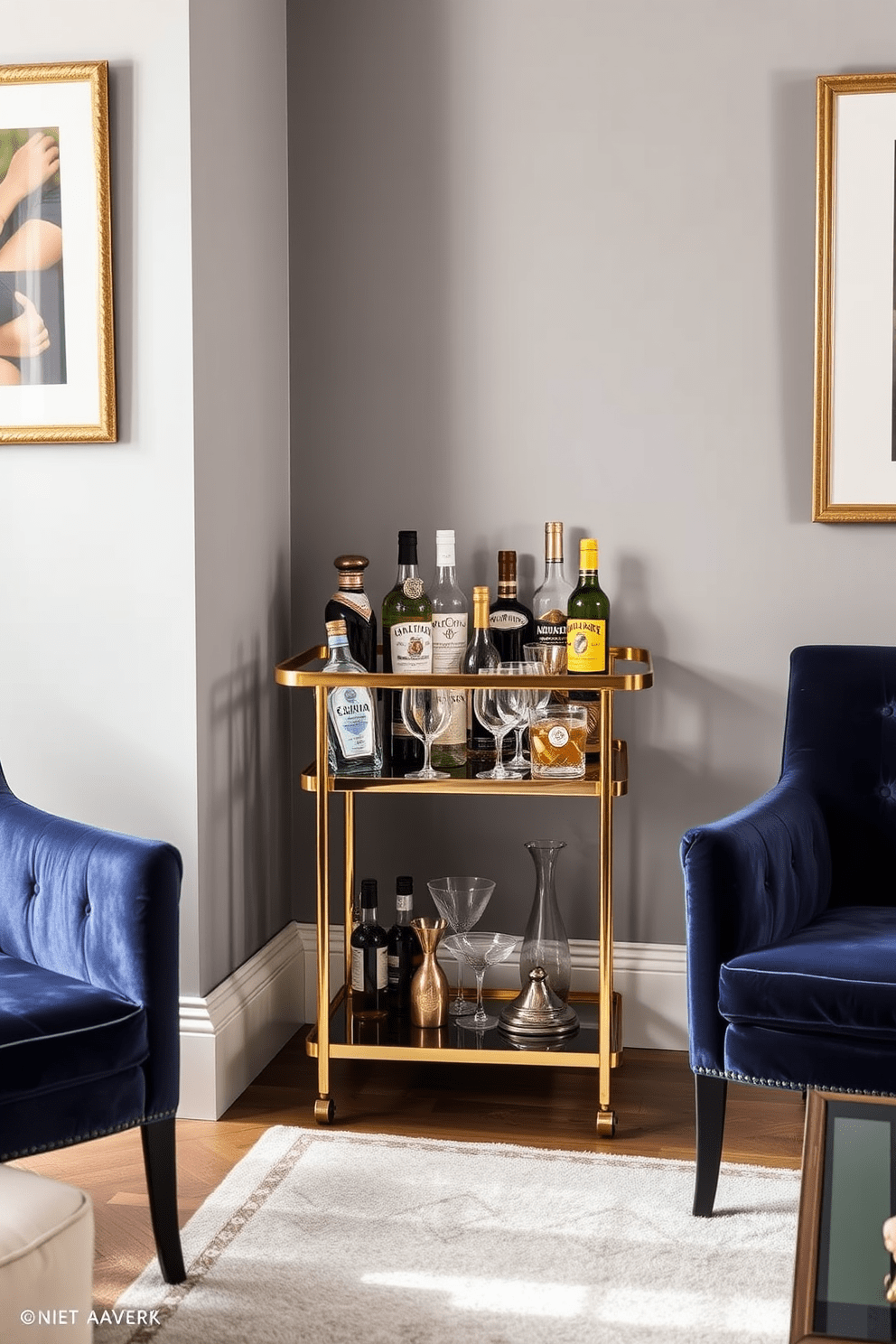 A stylish bar cart is elegantly positioned in a cozy corner of the living room. The cart features a sleek gold frame with glass shelves, showcasing an array of premium spirits and decorative glassware. Surrounding the cart are plush velvet chairs in deep jewel tones, inviting guests to relax and enjoy. The walls are adorned with framed artwork, adding a touch of sophistication to the European apartment ambiance.