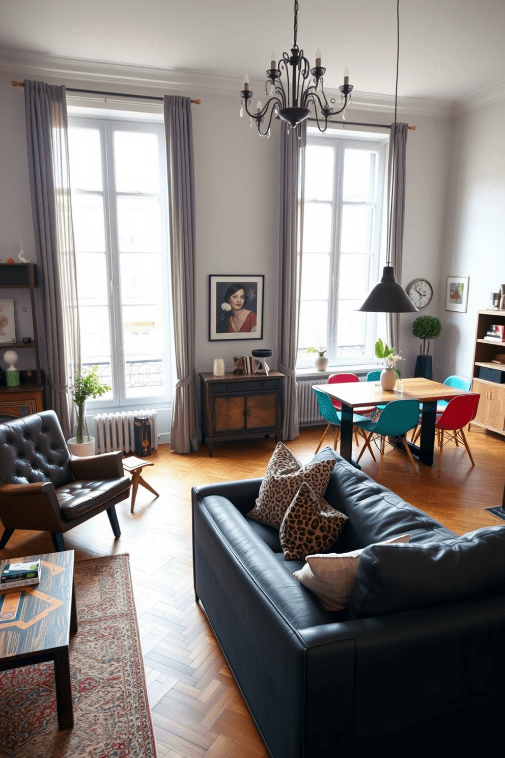 A stylish European apartment featuring vintage furniture harmoniously blended with contemporary pieces. The living area showcases a classic leather armchair paired with a sleek modern sofa, creating an inviting and eclectic atmosphere. The dining space includes a rustic wooden table surrounded by colorful modern chairs, enhancing the charm of the room. Large windows allow natural light to flood in, highlighting the unique decor elements and art pieces throughout the apartment.