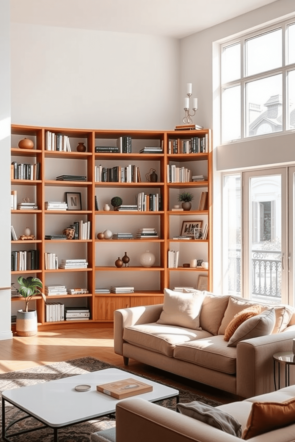 A bright and airy European apartment featuring open shelving that enhances the sense of space. The shelves are filled with a mix of decorative items and books, creating a stylish focal point in the living area. Natural light floods the room through large windows, highlighting the warm wood tones of the shelving. A cozy seating area with a plush sofa and a chic coffee table complements the open layout, inviting relaxation and conversation.