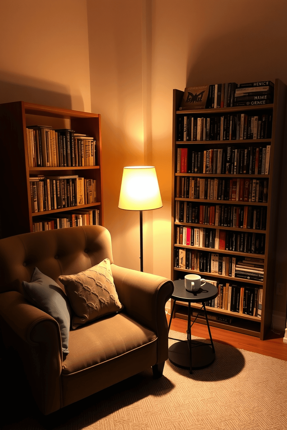 Cozy reading nook with soft lighting. A plush armchair is positioned next to a tall bookshelf filled with books, while a small side table holds a steaming cup of tea. Warm, ambient light from a stylish floor lamp creates an inviting atmosphere. The walls are painted in a soft beige, complemented by a textured area rug that adds comfort underfoot.