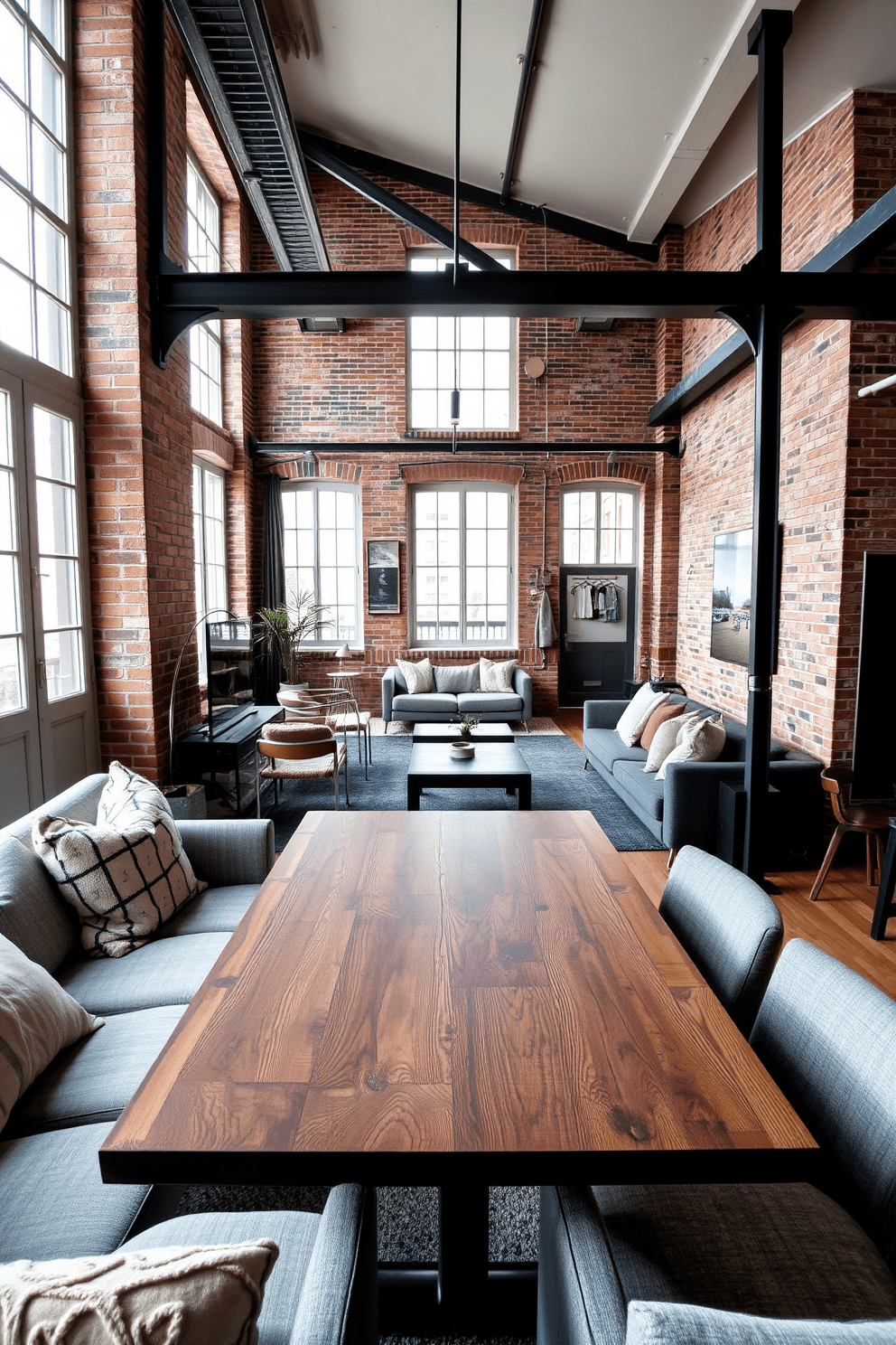 A stylish European apartment featuring industrial elements combined with soft textiles. Exposed brick walls and metal beams create a raw aesthetic, while plush sofas and cozy throw pillows add warmth and comfort. Large windows allow natural light to flood the space, highlighting the contrast between the rugged materials and the inviting furnishings. A sleek dining table made of reclaimed wood is surrounded by upholstered chairs, blending functionality with modern design.