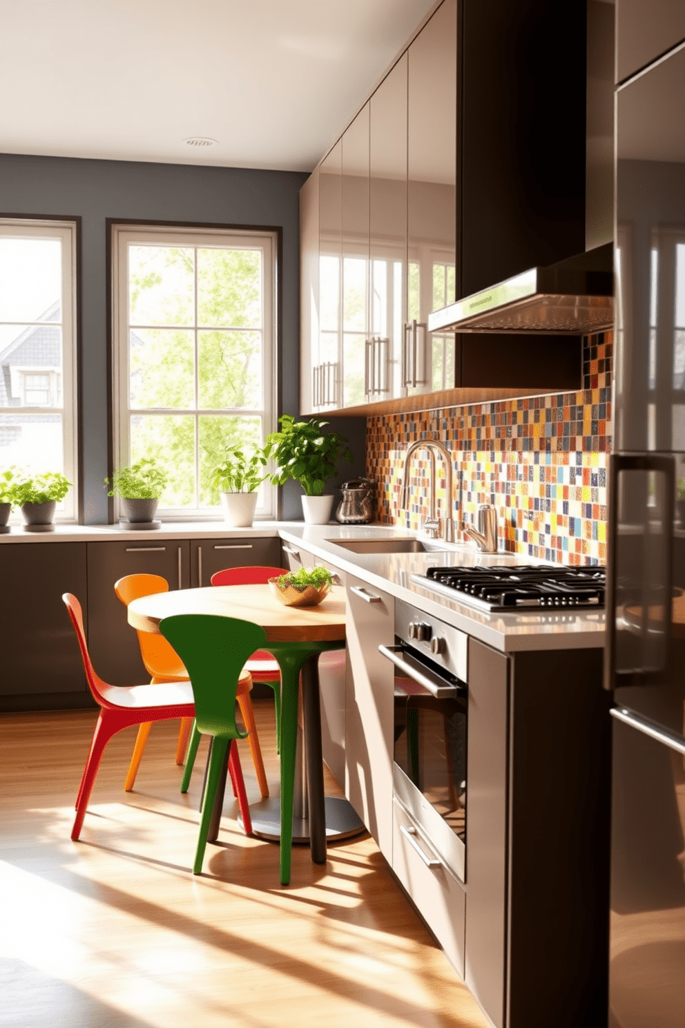 A bright kitchen featuring a colorful backsplash made of vibrant mosaic tiles that add a playful touch to the space. The cabinetry is sleek and modern with a glossy finish, complemented by stainless steel appliances and ample natural light streaming through large windows. The open layout connects the kitchen to a cozy dining area, where a round wooden table is surrounded by colorful chairs. Potted herbs on the windowsill bring a touch of greenery and freshness to the overall design.