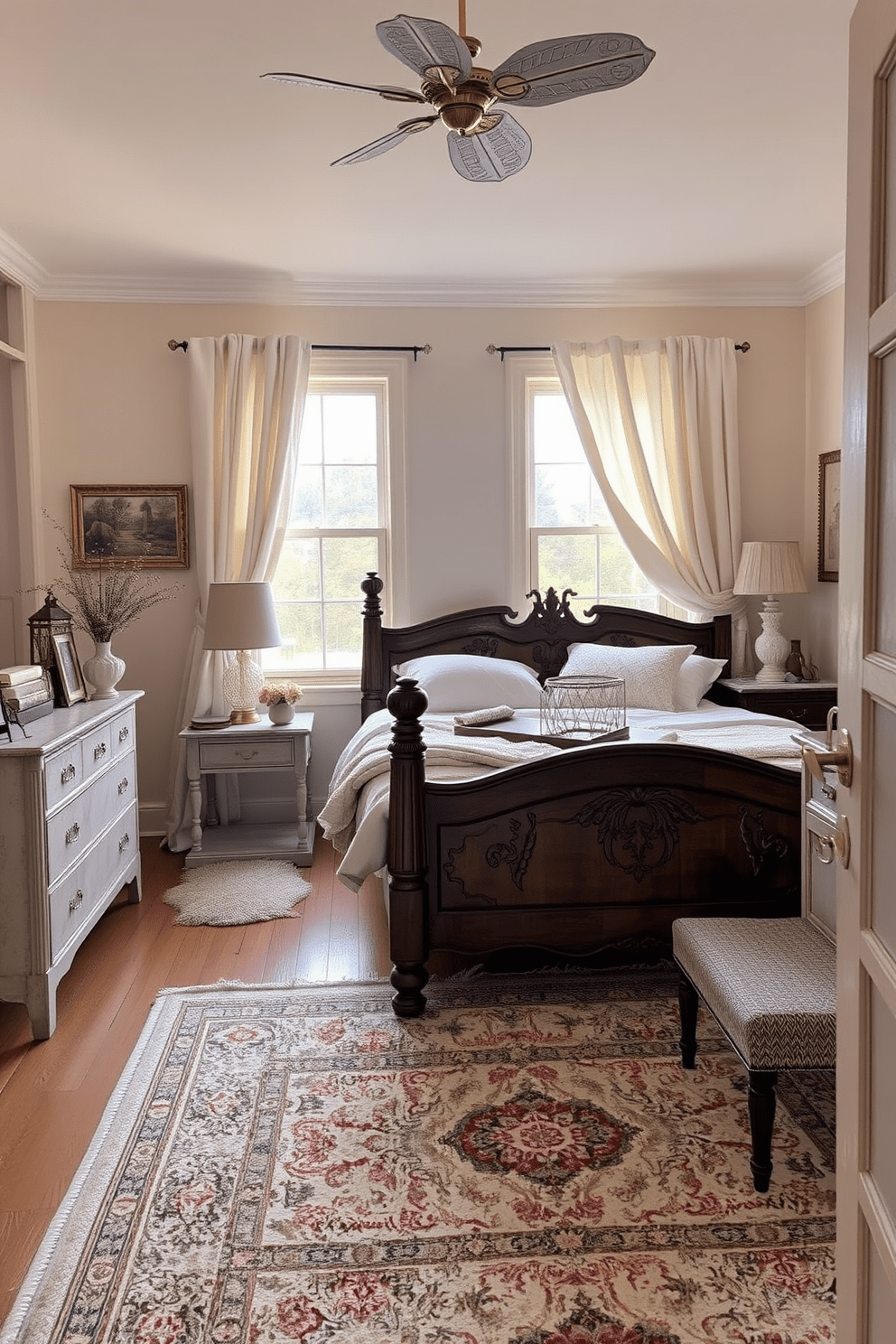 Cozy neutral tones create a warm and inviting atmosphere in the bedroom. Vintage accents such as an ornate wooden bed frame and a distressed dresser add character and charm to the space. Soft linen curtains drape elegantly over the windows, allowing natural light to filter in gently. A plush area rug with intricate patterns anchors the room, complementing the neutral color palette.