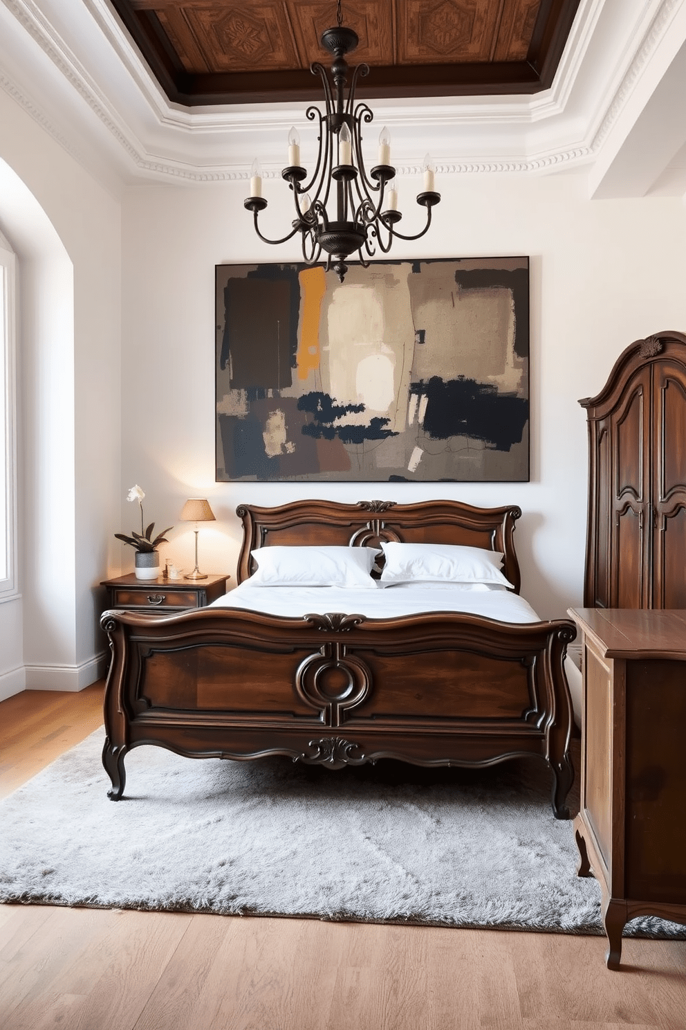 A cozy European bedroom that blends modern art with vintage decor. The walls are adorned with a large abstract painting, while an antique wooden bed frame with intricate carvings takes center stage. A vintage chandelier hangs from the ceiling, casting a warm glow over the room. A plush area rug in muted tones lies beneath the bed, and an elegant armoire adds charm to the space.