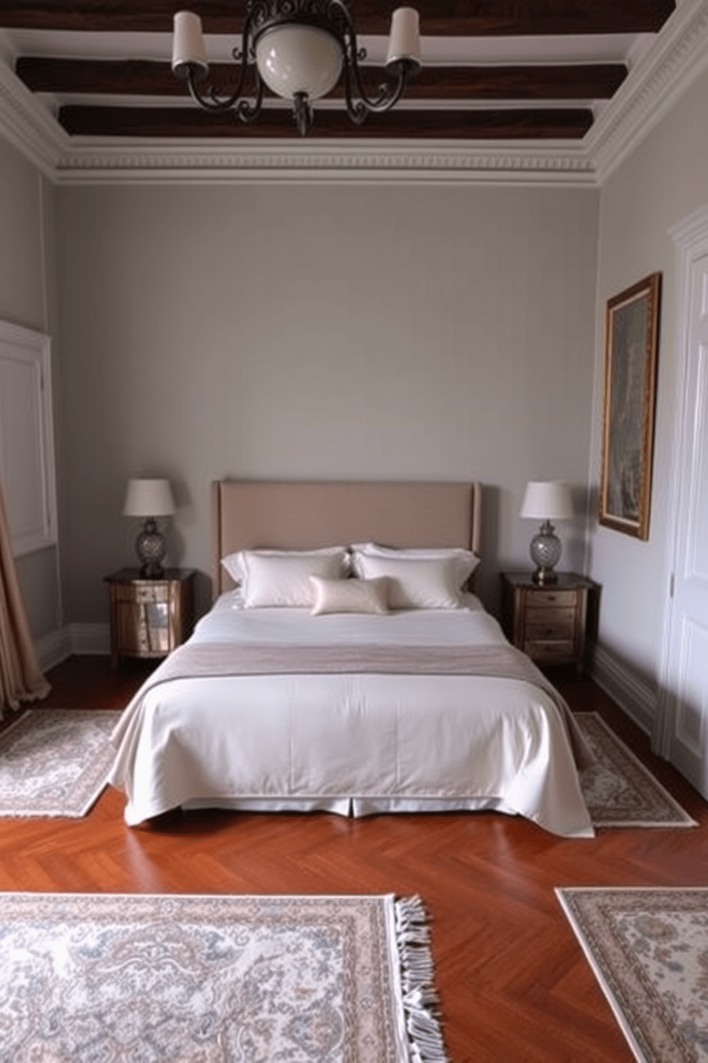 A serene European bedroom setting features warm wood floors complemented by soft area rugs. The room is adorned with a plush bed dressed in luxurious linens, flanked by elegant nightstands with tasteful lamps.