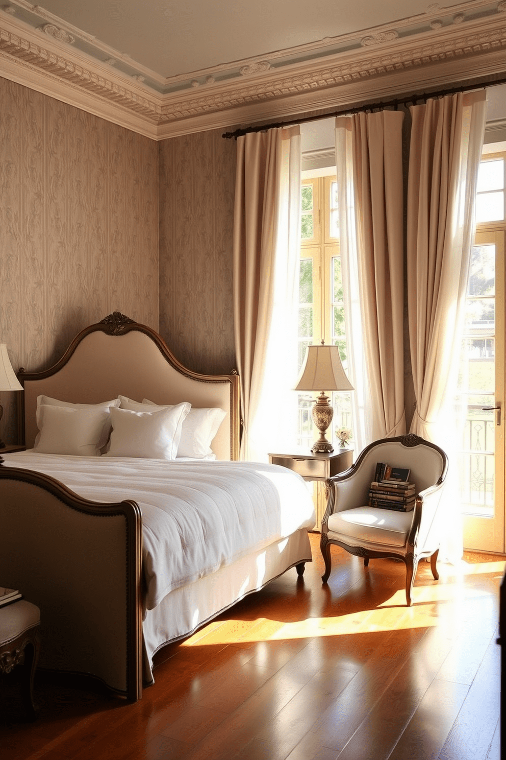 A serene European bedroom featuring subtle wallpaper that adds depth to the space. The room is adorned with a plush upholstered bed dressed in soft linens, complemented by elegant bedside tables with antique lamps. Natural light filters through sheer curtains, casting a warm glow on the hardwood floors. A cozy reading nook is created by a vintage armchair and a small bookshelf filled with classic literature.