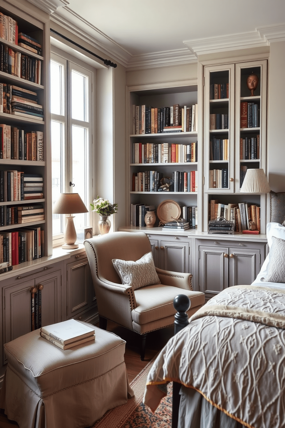 A cozy reading nook features built-in bookshelves filled with an array of books and decorative items. A plush armchair is positioned beside a large window, allowing natural light to create a warm atmosphere. The European bedroom design showcases a blend of rustic charm and modern elegance. Soft pastel colors dominate the walls, complemented by vintage furniture and luxurious textiles that enhance the inviting ambiance.