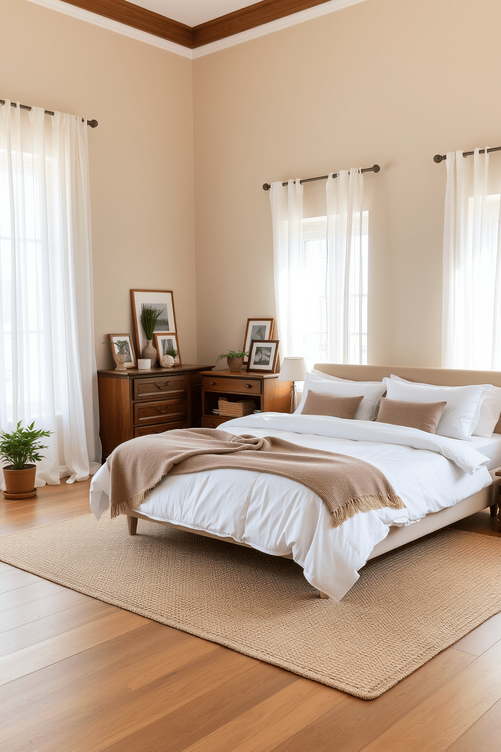 A serene European bedroom featuring earthy tones with soft beige walls and a warm wooden floor. A plush king-sized bed is adorned with crisp white linens and a cozy taupe throw blanket, complemented by green plant accents in decorative pots on either side. A vintage wooden dresser sits against one wall, showcasing a collection of framed art and a small potted fern. Natural light filters through sheer curtains, illuminating the space and creating a calming atmosphere enhanced by a woven area rug beneath the bed.