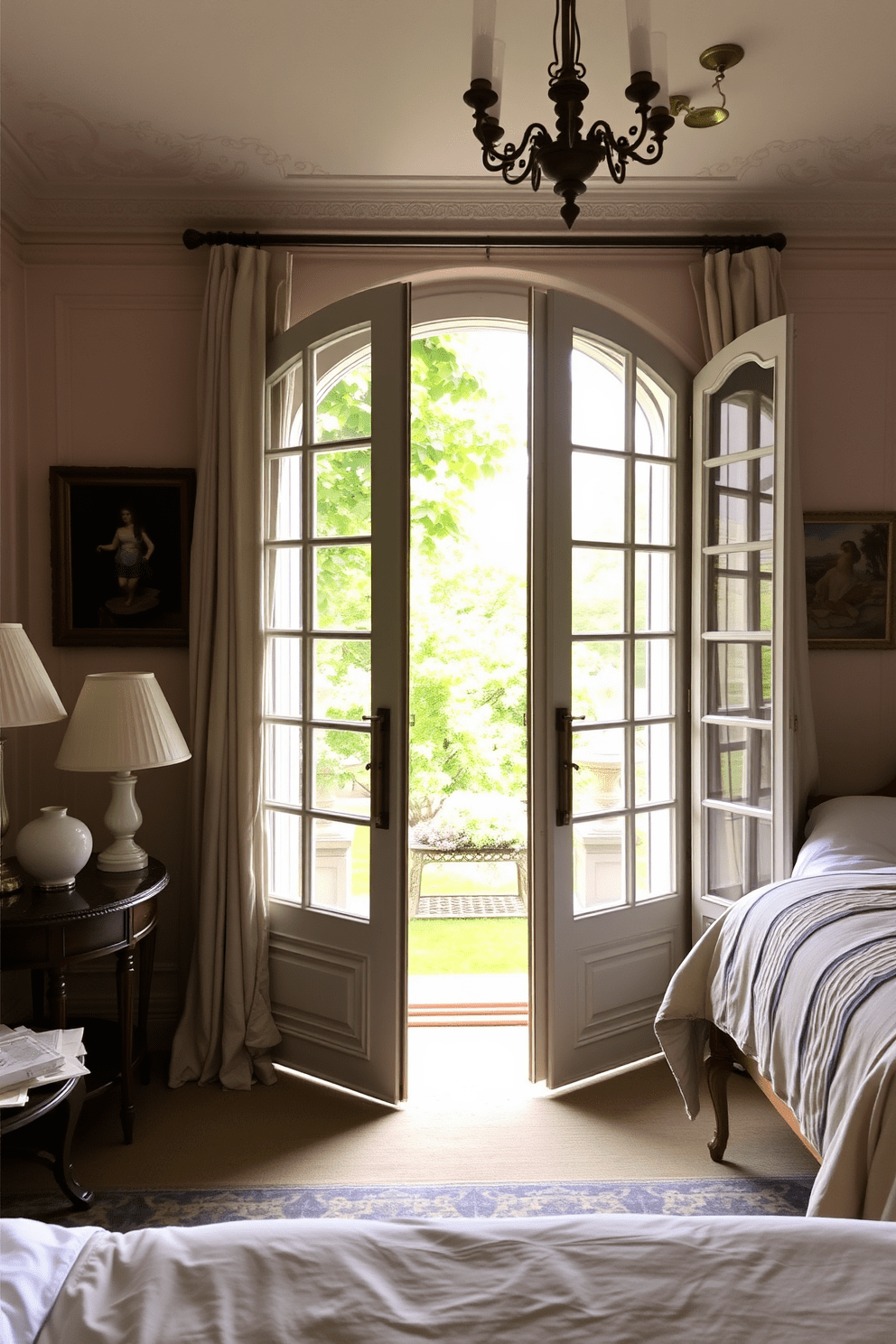 A serene European bedroom featuring elegant French doors that open to a lush outdoor space. The room is adorned with soft pastel colors, plush bedding, and antique furniture, creating a warm and inviting atmosphere.