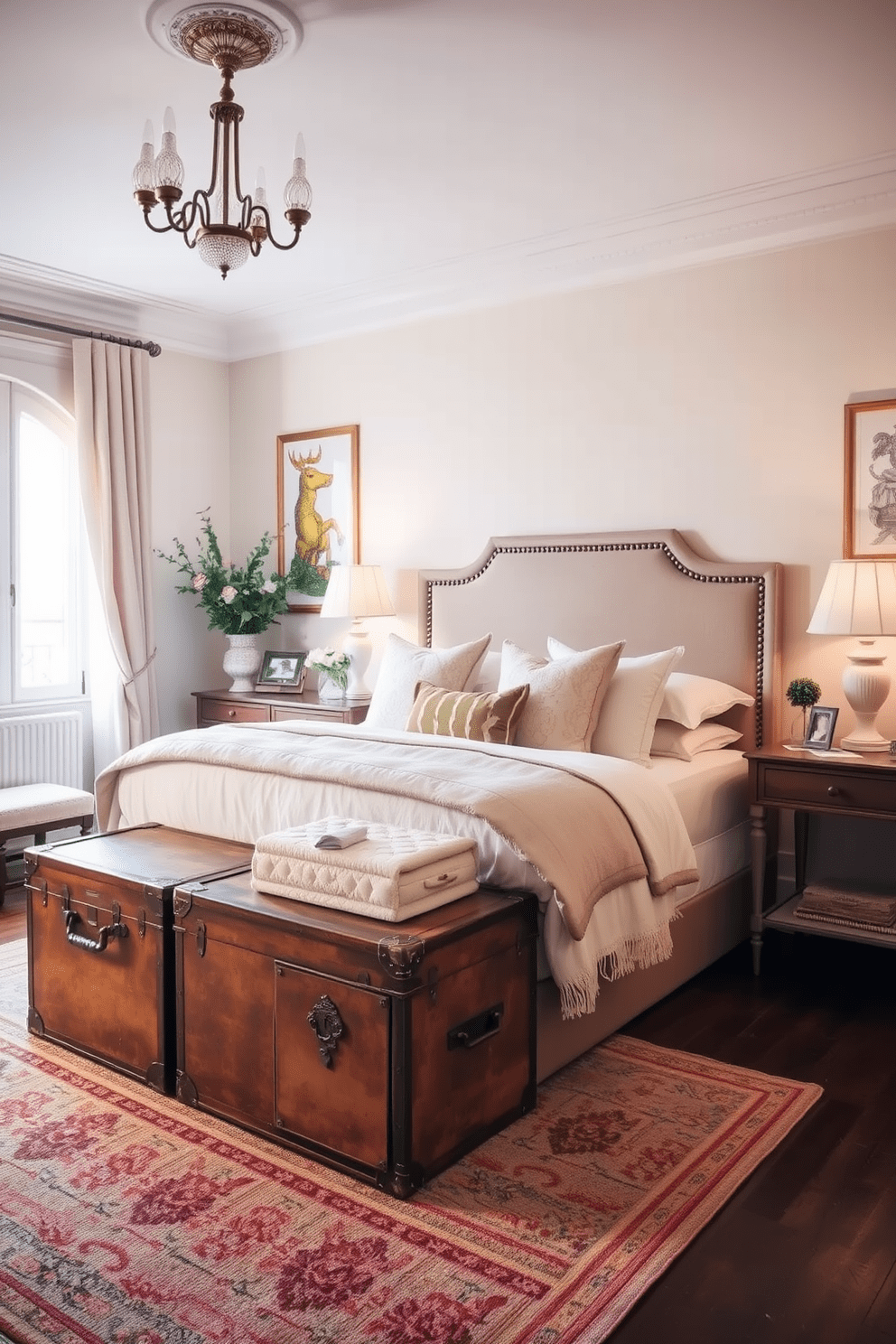 A cozy European bedroom featuring vintage trunks as stylish storage solutions. The room is adorned with soft, neutral tones and elegant textiles, creating a warm and inviting atmosphere.