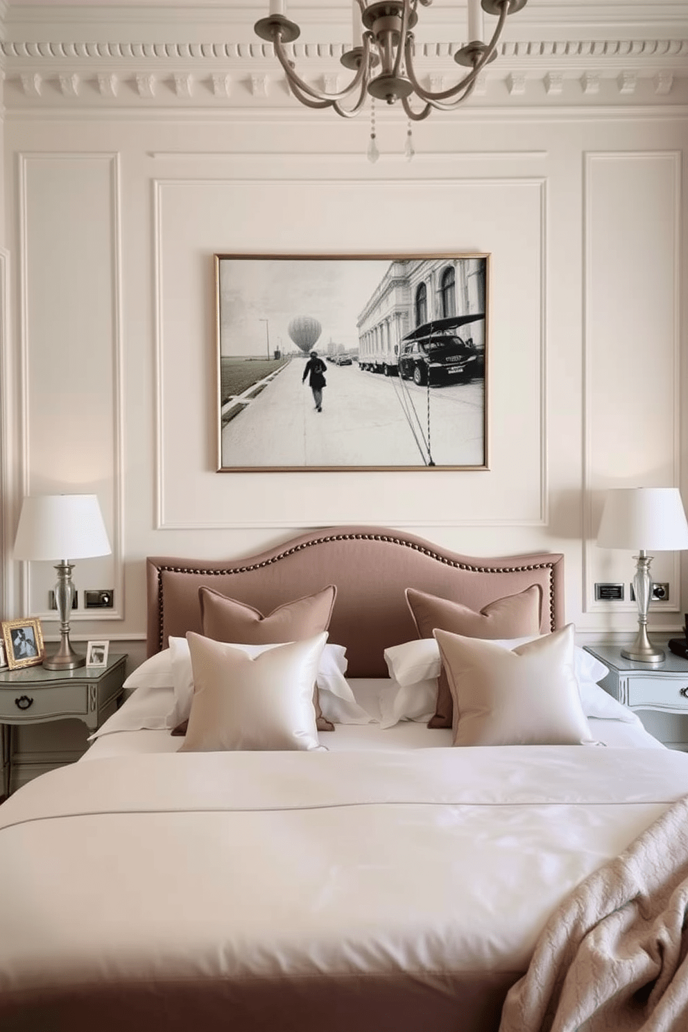 A stunning European bedroom featuring a statement wall art piece as the focal point. The walls are adorned with soft pastel colors, and the bed is dressed in luxurious linens with elegant throw pillows.