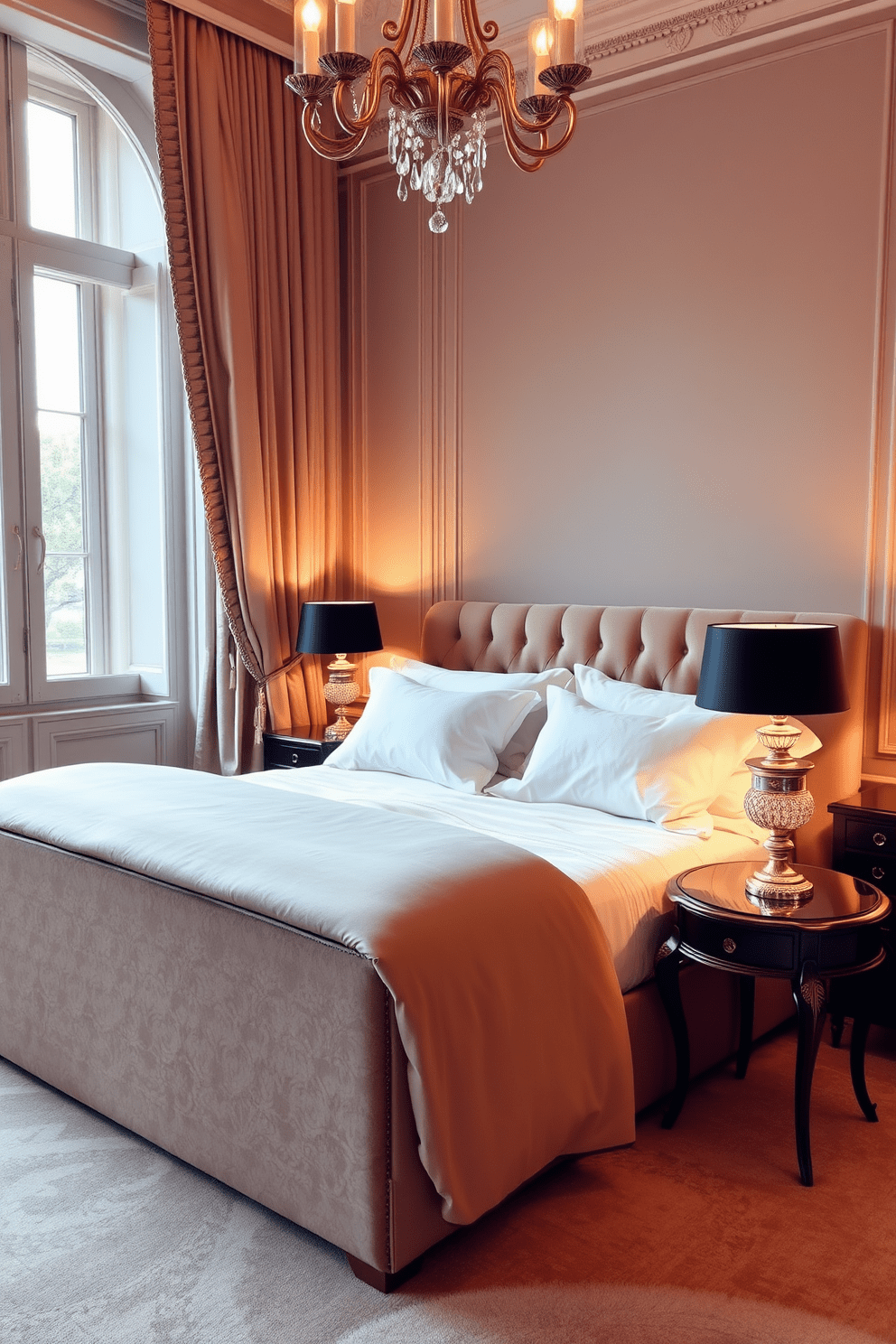 A serene European bedroom setting featuring soft lighting emitted from stylish bedside table lamps. The room showcases a plush upholstered bed dressed in luxurious linens, complemented by elegant drapery that frames the windows.