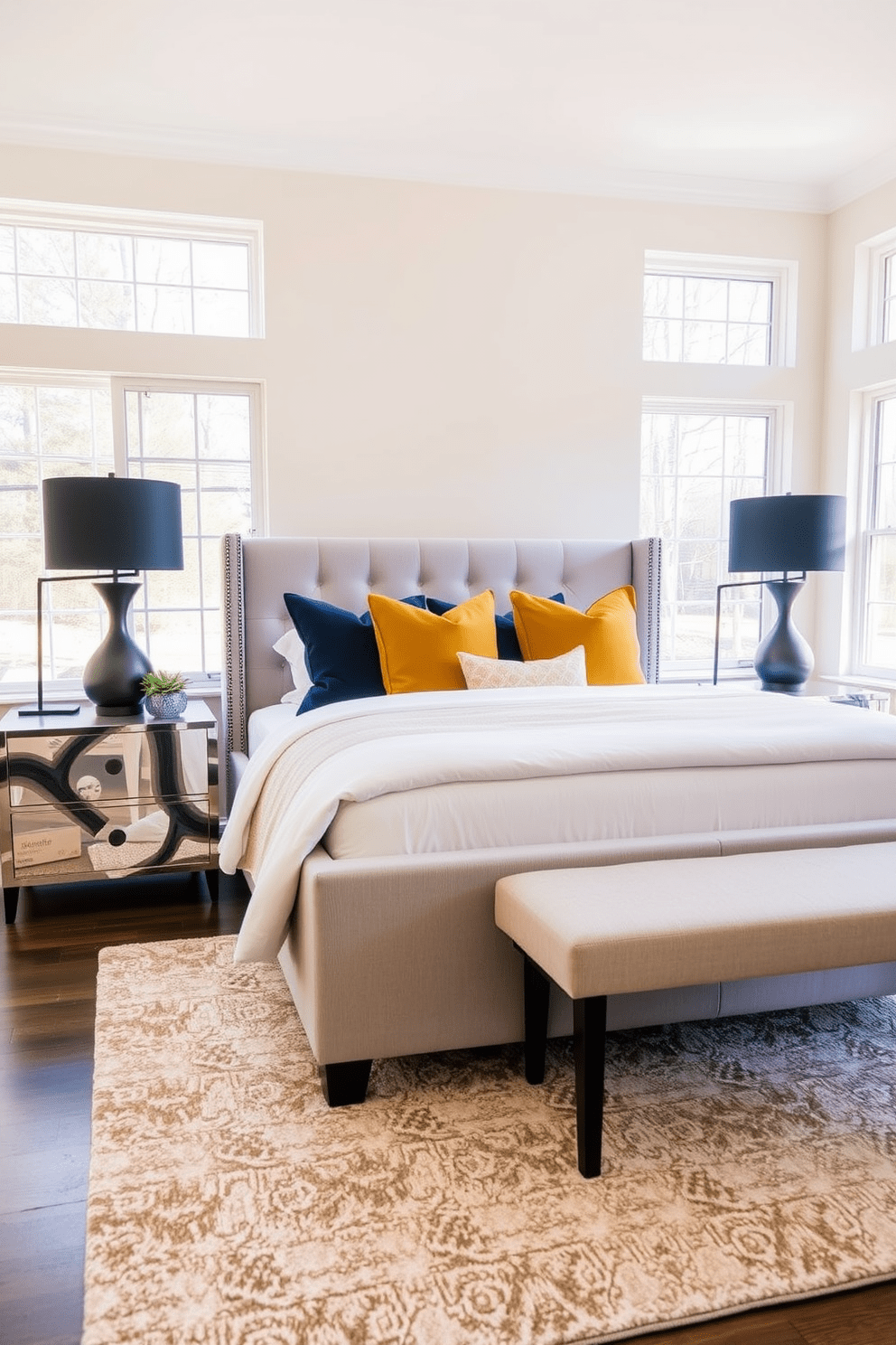 A serene bedroom setting featuring a neutral color palette with soft beige walls and a light gray upholstered bed. Bold accent colors are introduced through vibrant throw pillows in deep blue and mustard yellow, adding a touch of personality. The space includes a stylish nightstand on either side of the bed, each adorned with modern lamps in matte black. A plush area rug in a subtle geometric pattern anchors the room, while large windows allow natural light to flood in, enhancing the overall ambiance.