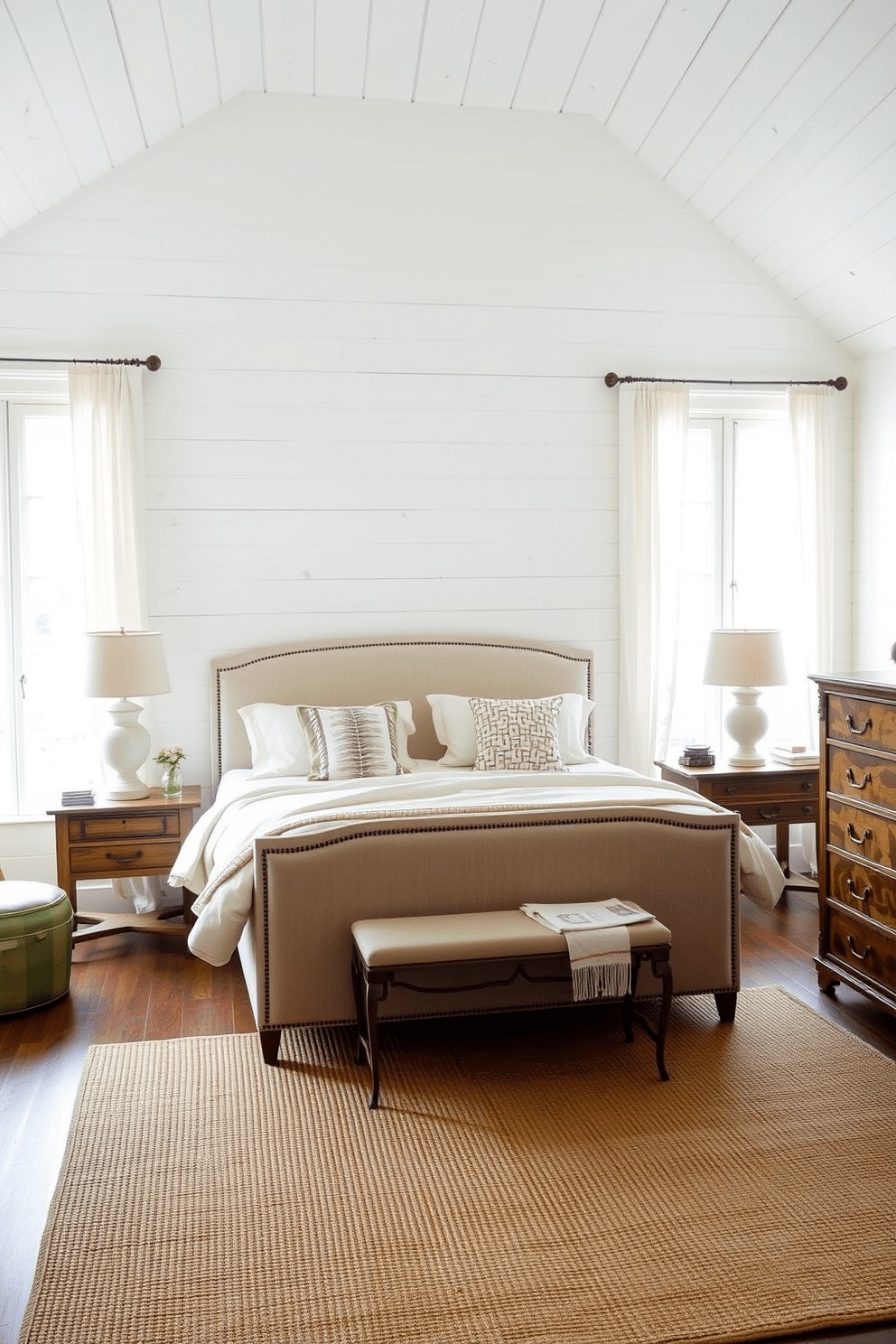 A cozy European bedroom featuring shiplap walls painted in soft white. The room includes a large upholstered bed with plush bedding and decorative pillows, complemented by vintage wooden nightstands on either side. Natural light floods in through large windows adorned with sheer curtains. A rustic wooden dresser stands against one wall, and a woven area rug adds warmth to the space.