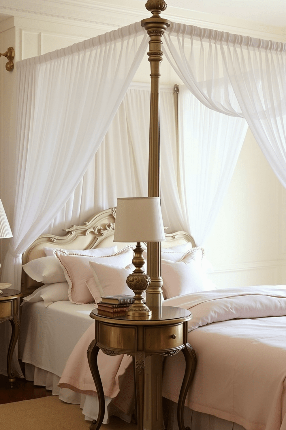 Elegant canopy bed with sheer drapes. The bed is adorned with plush pillows and a luxurious duvet in soft pastel colors. The walls are painted in a light cream shade, creating a serene atmosphere. A vintage bedside table holds an ornate lamp and a stack of books, adding charm to the space.