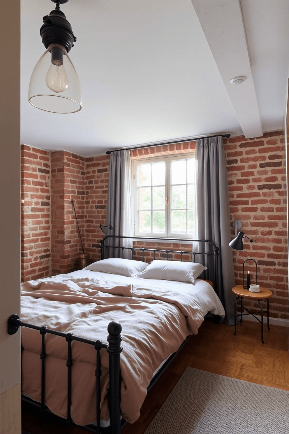 A cozy European bedroom featuring industrial elements. The room has exposed brick walls and a metal bed frame with a plush mattress, complemented by soft bedding in muted tones. A large window allows natural light to flood the space, adorned with sheer curtains. Industrial-style light fixtures hang from the ceiling, adding a modern touch to the warm atmosphere.