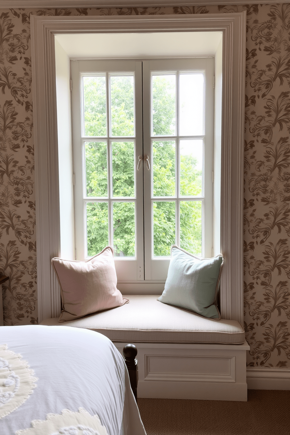 A charming window seat is adorned with plush cushions in soft pastel colors. The surrounding walls feature elegant wallpaper with floral patterns, creating a cozy and inviting atmosphere in the European bedroom.