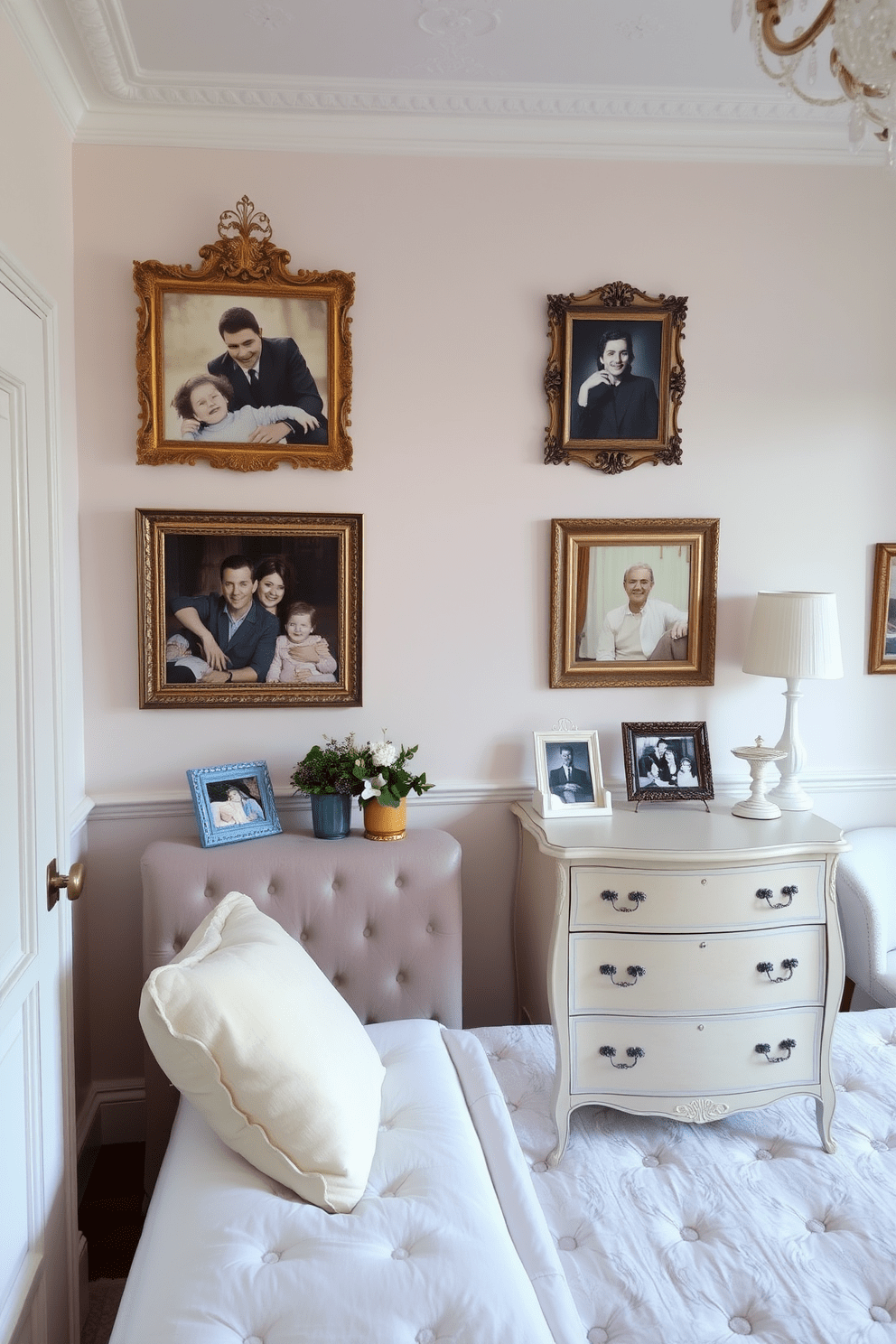 A cozy European bedroom featuring personalized decor with family photos displayed in elegant frames. The room is adorned with soft pastel colors, a plush upholstered bed, and a vintage dresser that adds charm and warmth.