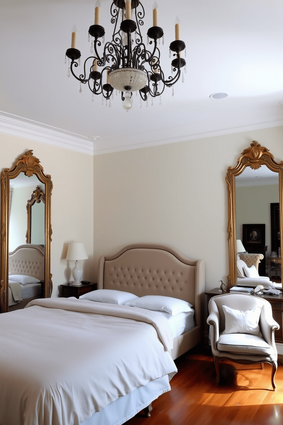 Elegant mirrors to enhance light in a European bedroom. The room features a plush king-size bed with an upholstered headboard and soft linens, complemented by two ornate mirrors on either side that reflect natural light and create a sense of spaciousness. The walls are painted in a soft pastel hue, and the flooring is a rich hardwood that adds warmth. A stylish chandelier hangs from the ceiling, casting a gentle glow over the space, while a cozy reading nook with a vintage armchair sits by the window.