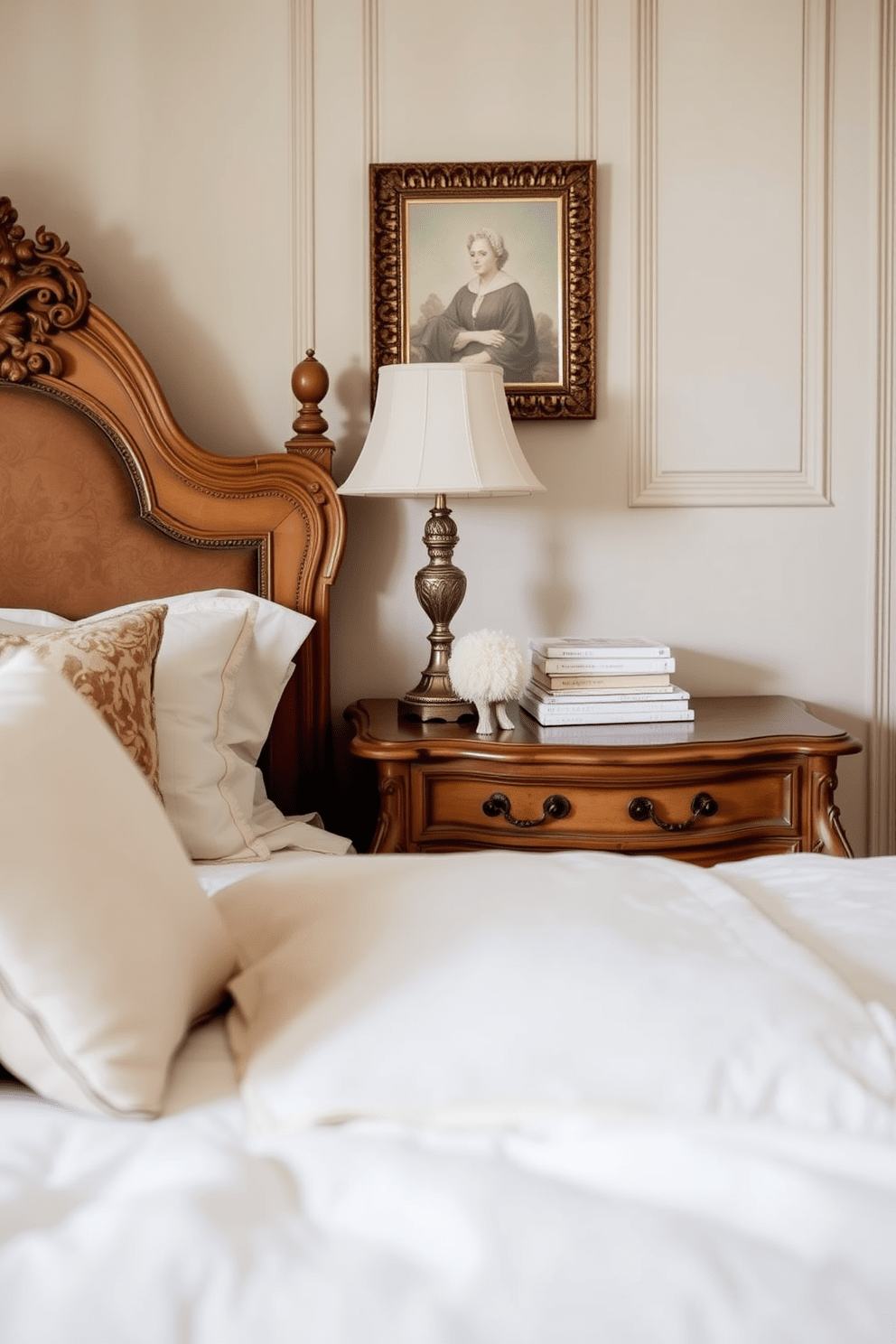 A cozy European bedroom features vintage-inspired nightstands that exude charm and elegance. The nightstands are adorned with intricate carvings and a rich, warm finish, complementing the soft, muted color palette of the room.