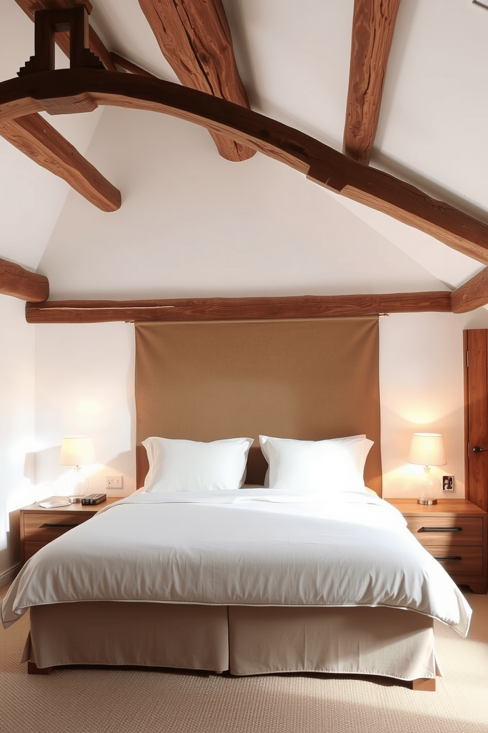 A cozy European bedroom featuring rustic wooden beams that create a warm and inviting atmosphere. The walls are painted in a crisp white, enhancing the natural light that floods the room. A plush king-sized bed with a soft linen duvet is centered against the wall. Flanking the bed are two elegant nightstands made of reclaimed wood, each topped with stylish lamps that add a touch of warmth.