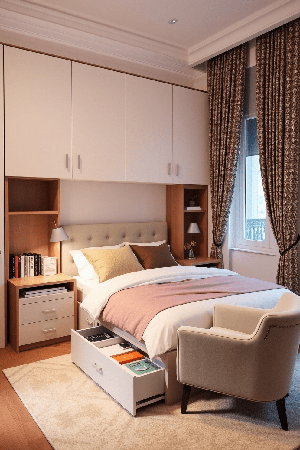 A cozy European bedroom featuring multifunctional furniture that maximizes space. The bed is designed with built-in storage drawers and is flanked by sleek nightstands that double as small bookshelves. Soft pastel colors adorn the walls, creating a serene atmosphere. A stylish armchair in the corner serves as both a reading nook and an additional sleeping space when needed.