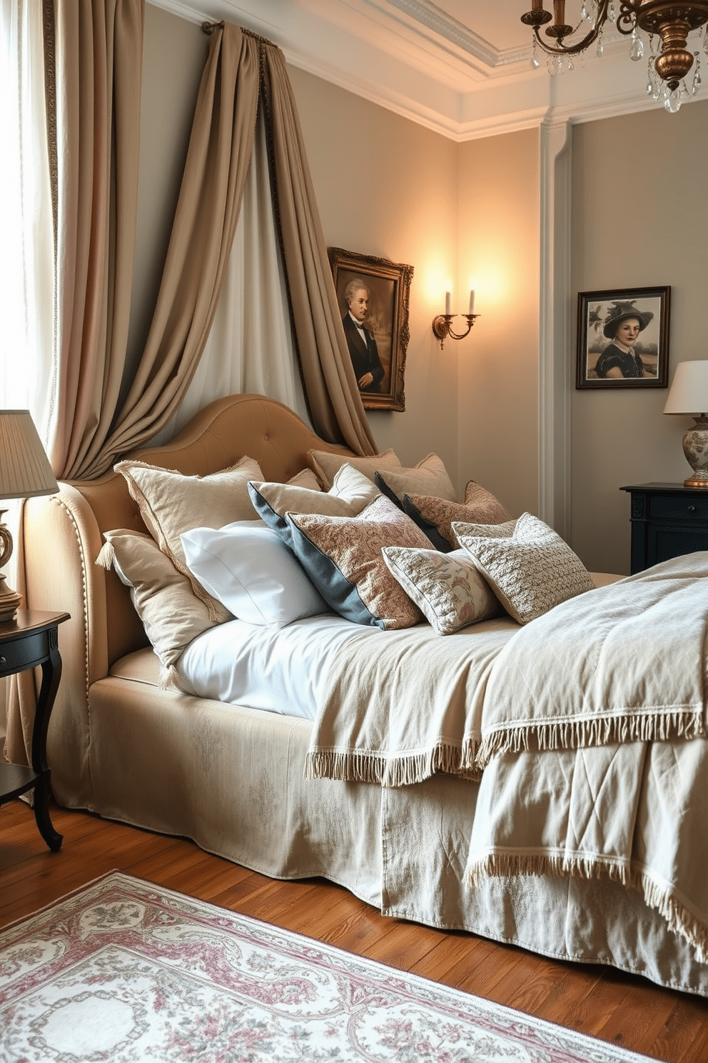 Layered textures create a cozy and inviting atmosphere in a European bedroom. The space features a sumptuous upholstered bed adorned with an array of plush throw pillows in various fabrics and patterns. Soft, warm lighting complements the rich textures of the bedding and curtains. A vintage rug adds warmth to the hardwood floor, enhancing the overall elegance of the design.