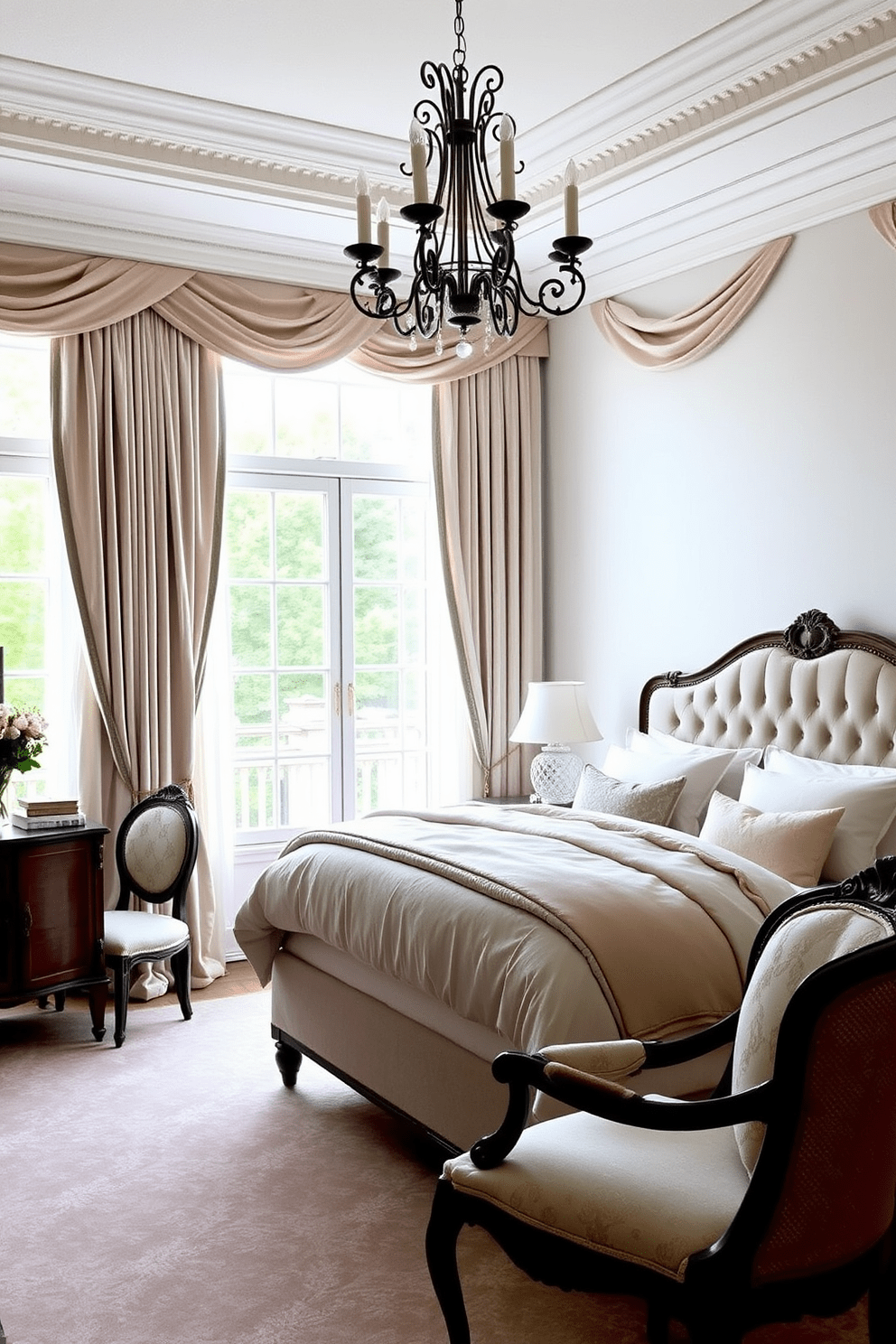 Chic drapes elegantly frame large windows allowing natural light to flood the room. The soft fabric in a muted palette complements the plush bedding and ornate furnishings, creating a serene atmosphere. The room features a grand upholstered headboard that adds a touch of luxury. Delicate accents like a vintage chandelier and a cozy reading nook enhance the European charm of the space.