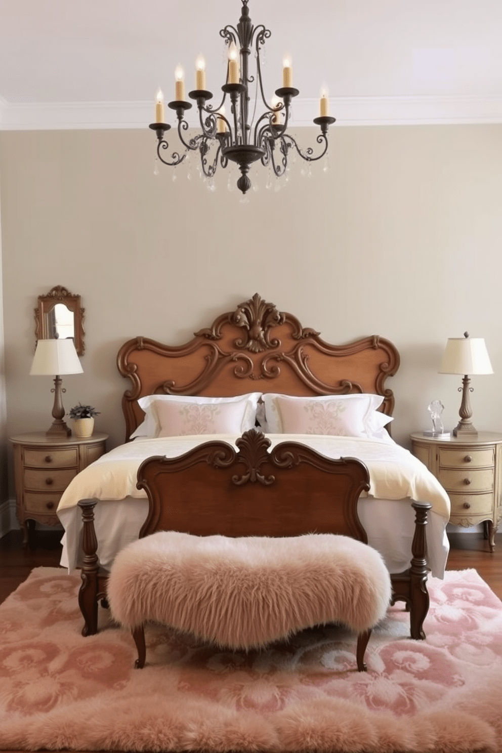 A charming European bedroom features antique furniture pieces that add character and warmth. The bed is adorned with an intricately carved wooden headboard, complemented by vintage nightstands on either side. A plush area rug in soft hues anchors the space, while a delicate chandelier hangs from the ceiling, casting a warm glow. The walls are dressed in a muted pastel shade, enhancing the elegance of the antique decor.