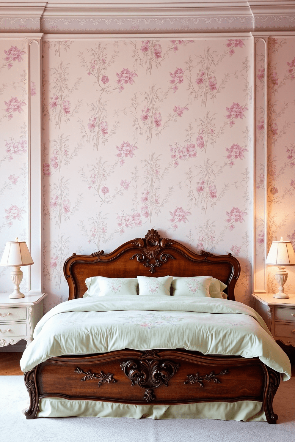 A serene European bedroom featuring soft pastel colors and delicate floral patterns. The walls are adorned with light lavender wallpaper that showcases elegant blossoms, while the bedding consists of a plush duvet in a soft mint green with matching floral pillows. A vintage wooden bed frame with intricate carvings acts as the centerpiece of the room. On either side, there are ornate bedside tables with pastel lamps that cast a warm glow, complementing the overall tranquil atmosphere.