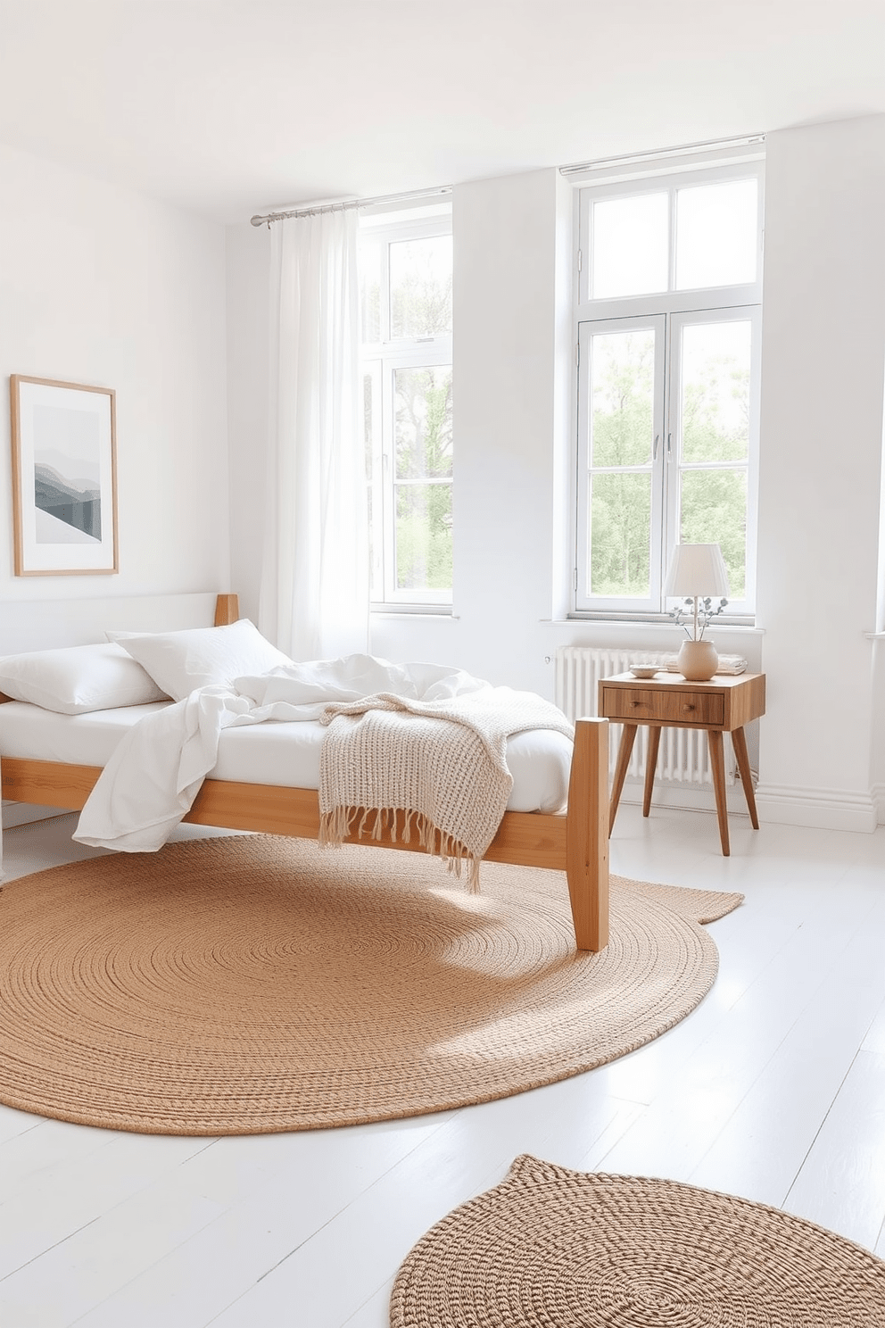 A serene Scandinavian bedroom featuring a light wooden bed frame with crisp white linens and a cozy knitted throw. Natural light floods the room through large windows adorned with sheer curtains, highlighting a soft area rug made of jute. The walls are painted in a soft pastel hue, complemented by minimalist artwork that adds a touch of personality. A bedside table made of reclaimed wood holds a small potted plant and a stylish lamp, creating a warm and inviting atmosphere.