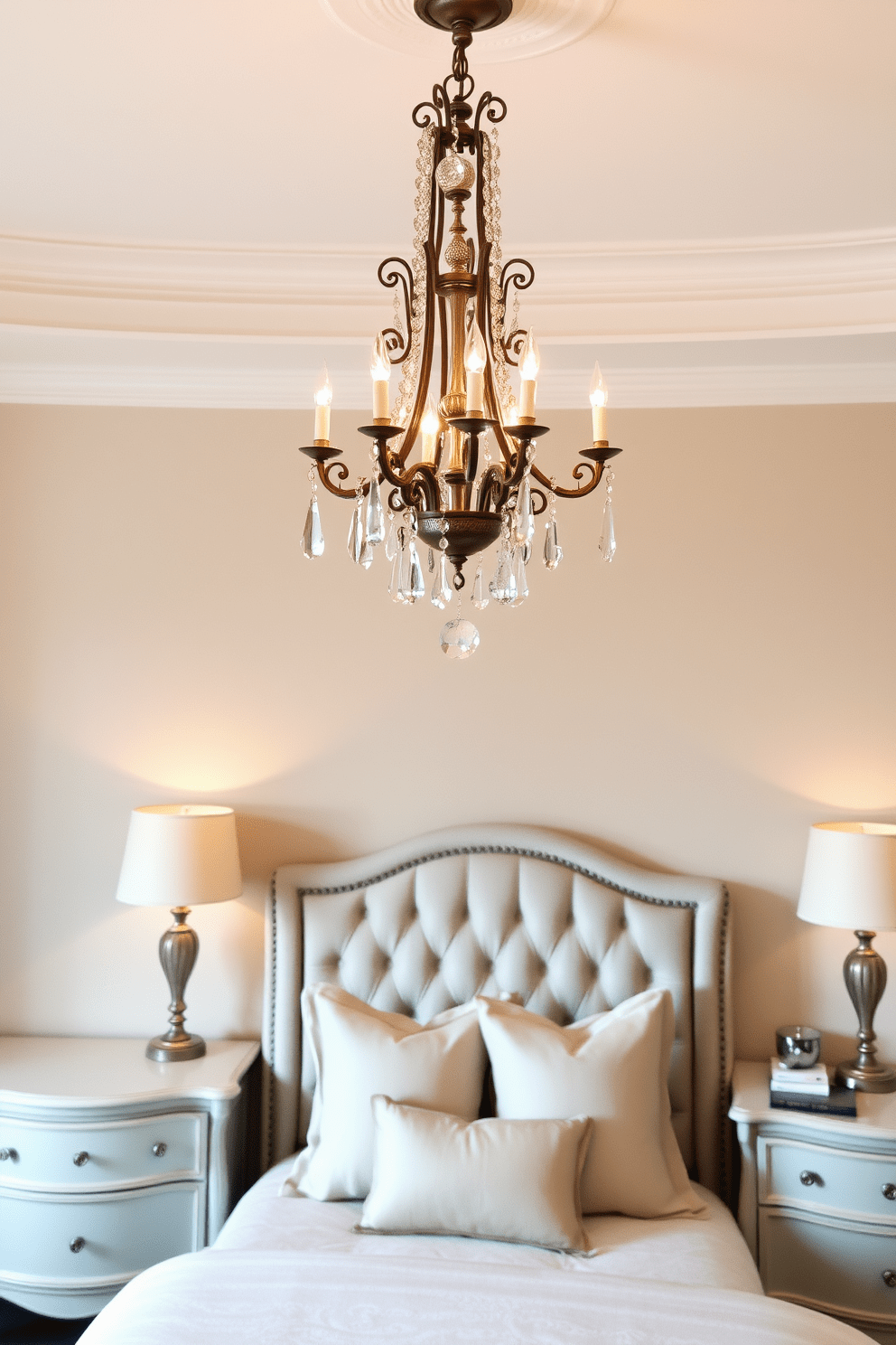 A classic chandelier hangs elegantly from the ceiling, casting a warm glow across the room. The ornate design features crystal accents that reflect light beautifully, enhancing the overall ambiance. The bedroom showcases a plush upholstered bed with a tufted headboard, draped in luxurious linens. Soft, muted colors dominate the decor, complemented by vintage nightstands adorned with decorative lamps.