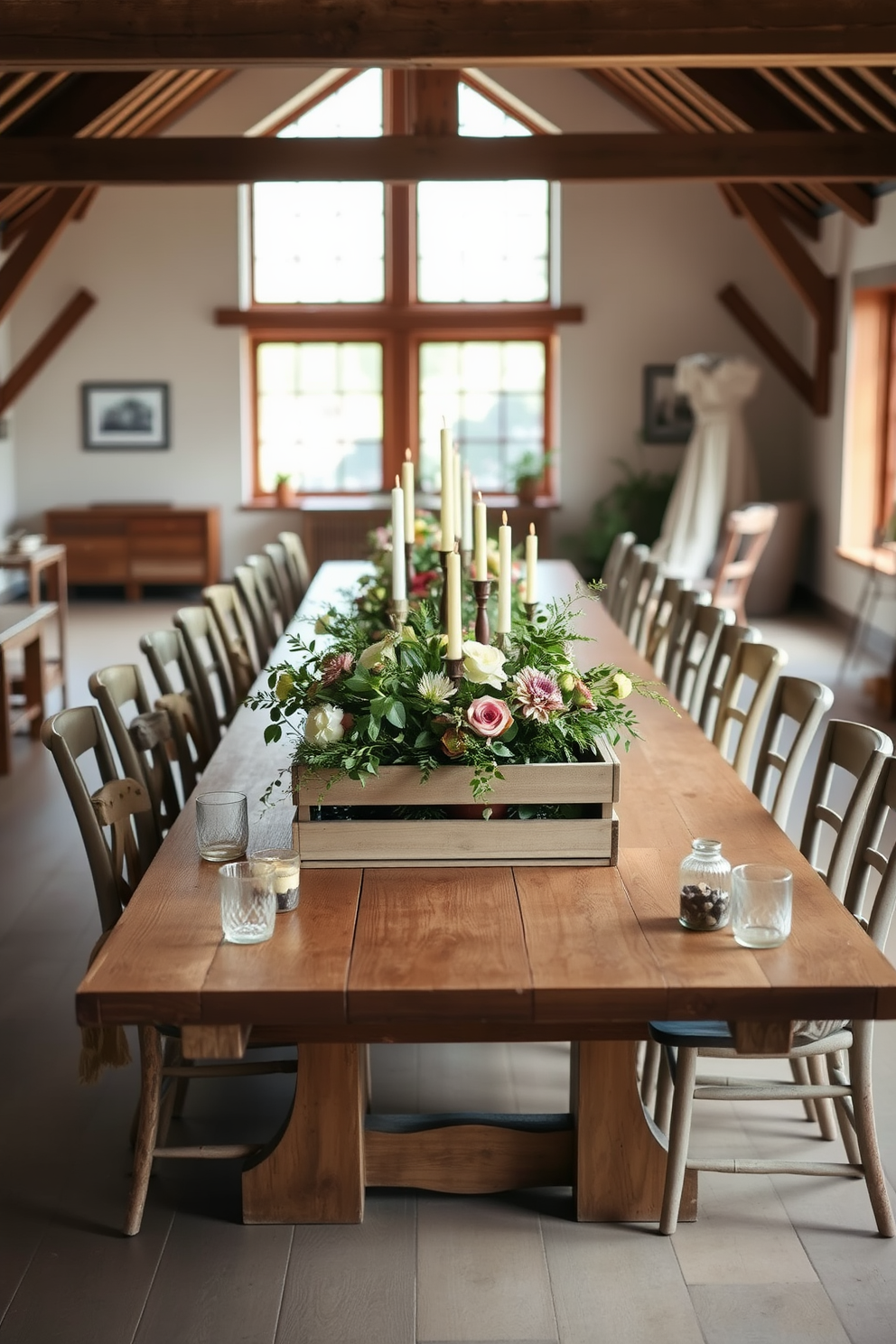 A rustic farmhouse dining table centerpiece features a long wooden table with a natural finish surrounded by mismatched chairs. The centerpiece consists of a vintage wooden crate filled with fresh seasonal flowers, greenery, and candles in varying heights. The dining room is adorned with exposed wooden beams and soft, neutral-toned walls that create a warm and inviting atmosphere. Large windows allow natural light to flood the space, enhancing the charm of the rustic decor elements and creating an elegant European dining ambiance.