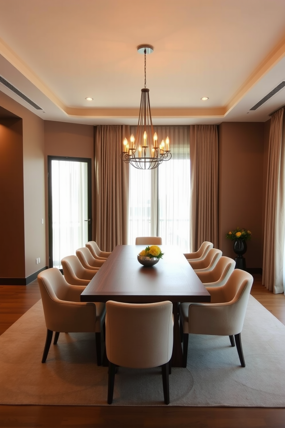 A modern dining room featuring sleek lines and warm tones. The centerpiece is a long, rectangular wooden table surrounded by upholstered chairs in soft beige, complemented by a statement chandelier above. The walls are painted in a warm taupe, enhancing the inviting atmosphere. A large window allows natural light to flood the space, adorned with sheer curtains that gently diffuse the sunlight.