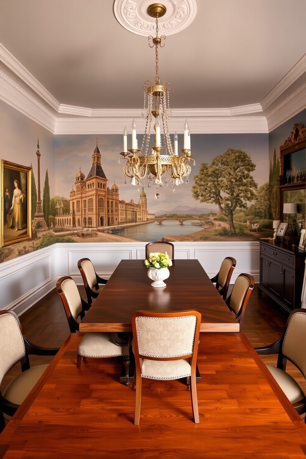 Create an elegant European dining room featuring artistic wall murals that add visual interest. The room has a long wooden table surrounded by upholstered chairs, and a stunning chandelier hangs above, casting a warm glow.