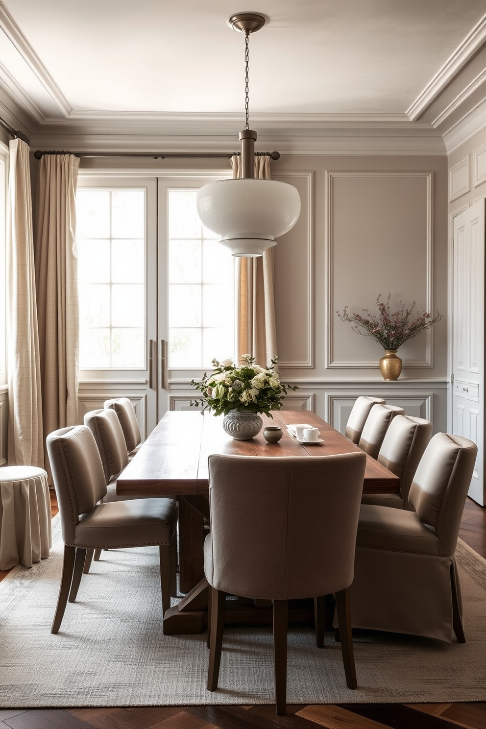 A European dining room featuring a neutral palette with soft beige and cream tones. The room is adorned with textured fabrics such as linen and velvet, creating a warm and inviting atmosphere. A large wooden dining table is surrounded by upholstered chairs in muted tones. Elegant pendant lights hang above the table, casting a soft glow over the space.