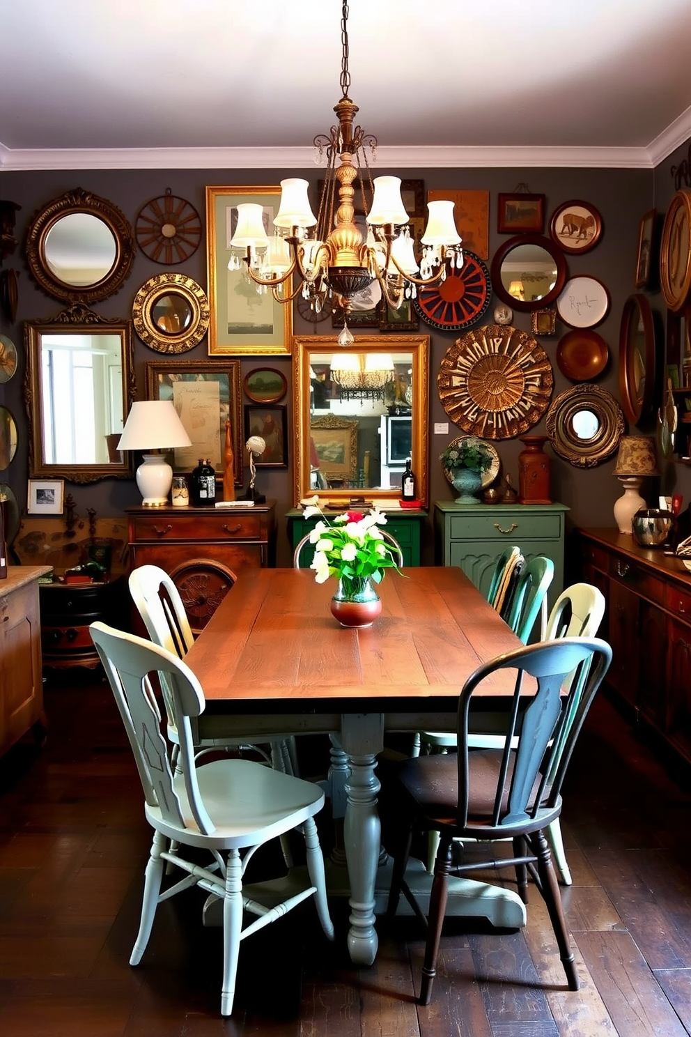 An eclectic dining room featuring a mix of vintage pieces that showcase character and charm. A rustic wooden table is surrounded by mismatched chairs, each with its own unique design and color. The walls are adorned with an assortment of vintage artwork and mirrors, creating a gallery-like atmosphere. A statement chandelier hangs above the table, adding elegance to the inviting space.