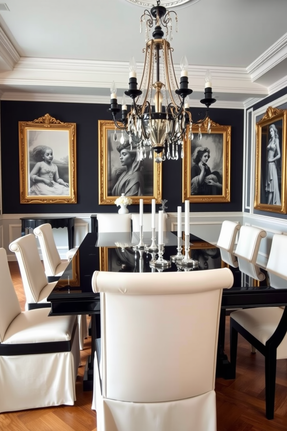 A timeless European dining room featuring elegant black and white decor. The space includes a long rectangular table with a glossy black finish surrounded by white upholstered chairs with black trim. The walls are adorned with classic black and white artwork, framed in ornate gold frames. A grand chandelier with black and white accents hangs above the table, casting a warm glow over the room.