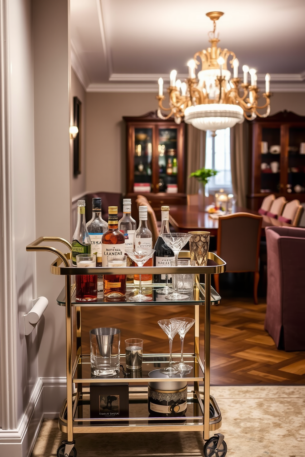 A stylish bar cart is elegantly positioned in the corner of a sophisticated dining room. The cart features a sleek metallic frame with glass shelves, adorned with an assortment of premium spirits, crystal glasses, and a decorative ice bucket. The European dining room showcases a long wooden table surrounded by upholstered chairs in rich fabrics. Soft ambient lighting from a chandelier casts a warm glow, enhancing the room's inviting atmosphere.