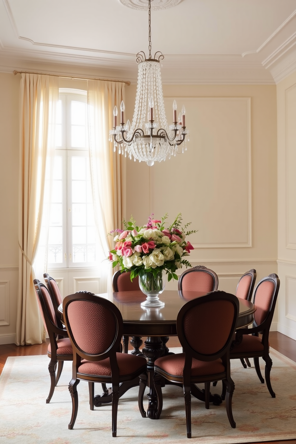 A European dining room featuring an elegant wooden table adorned with a stunning floral arrangement in a classic vase. The room is illuminated by a crystal chandelier, with soft natural light filtering through sheer curtains that frame the tall windows. The walls are painted in a soft cream color, complemented by intricate wainscoting that adds depth and character. Surrounding the table, upholstered dining chairs in rich fabrics invite guests to sit and enjoy a meal in style.