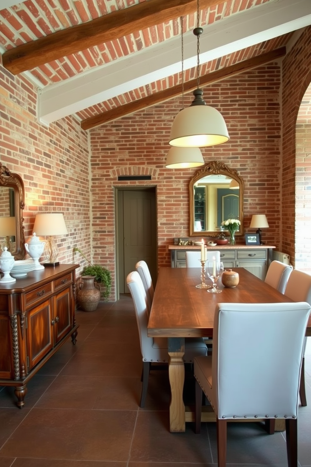 A charming European dining room featuring exposed brick walls that add warmth and character to the space. The room is furnished with a long wooden dining table surrounded by upholstered chairs, creating an inviting atmosphere for gatherings. Soft pendant lights hang above the table, casting a warm glow on the rustic decor. A vintage sideboard against one wall displays elegant dishware and a decorative mirror, enhancing the room's sophisticated appeal.