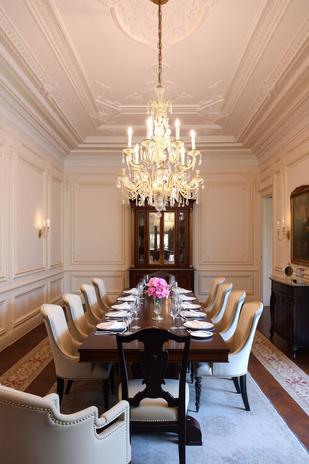 An elegant chandelier hangs gracefully above a long wooden dining table set for an intimate gathering. The room features classic European design elements with ornate moldings, soft pastel colors, and plush upholstered chairs that invite comfort and sophistication.